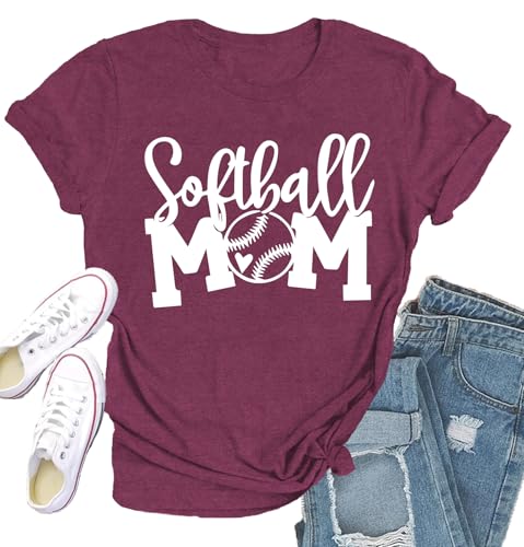 Qskall Womens Softball Mom Shirts Softball Heart T-Shirt Funny Game Day Tee Tops
