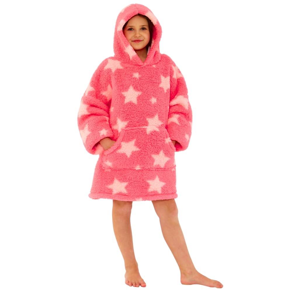 Just Essentials Kids Pink Teddy Fleece Hooded Blanket - Star Print - Wearable Throw