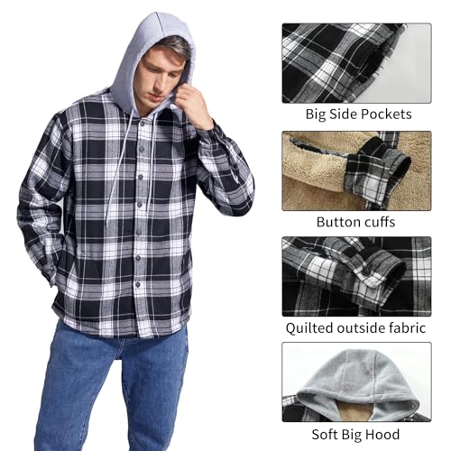 Image of Men's Cotton Plaid Shirt Jacket Fleece Flannel Sherpa Button Down
