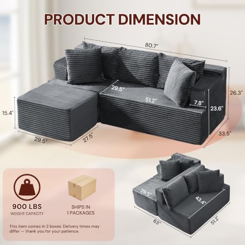 Image of Korser Boneless Couches for Living Room, Cloud Couch Sectional with Ottoman, L-Shaped Sofa with Fluffy Comfy Corduroy Deep Seat, Bedroom, Apartment, No Assembly Required