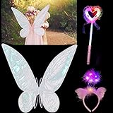 [yomaxer] 天使の羽 ヘッドバンド 妖精スティックスーツ 蝶の羽 輝きのあるバタフライ ウイングのコスチュームとフェアリースティック コスプレ子供 女の子 バタフライセット 子ども ハロウィン イースター パーティー 仮装 カラフル バタフライ 舞台 撮影 装飾 小道具 (ホワイト)