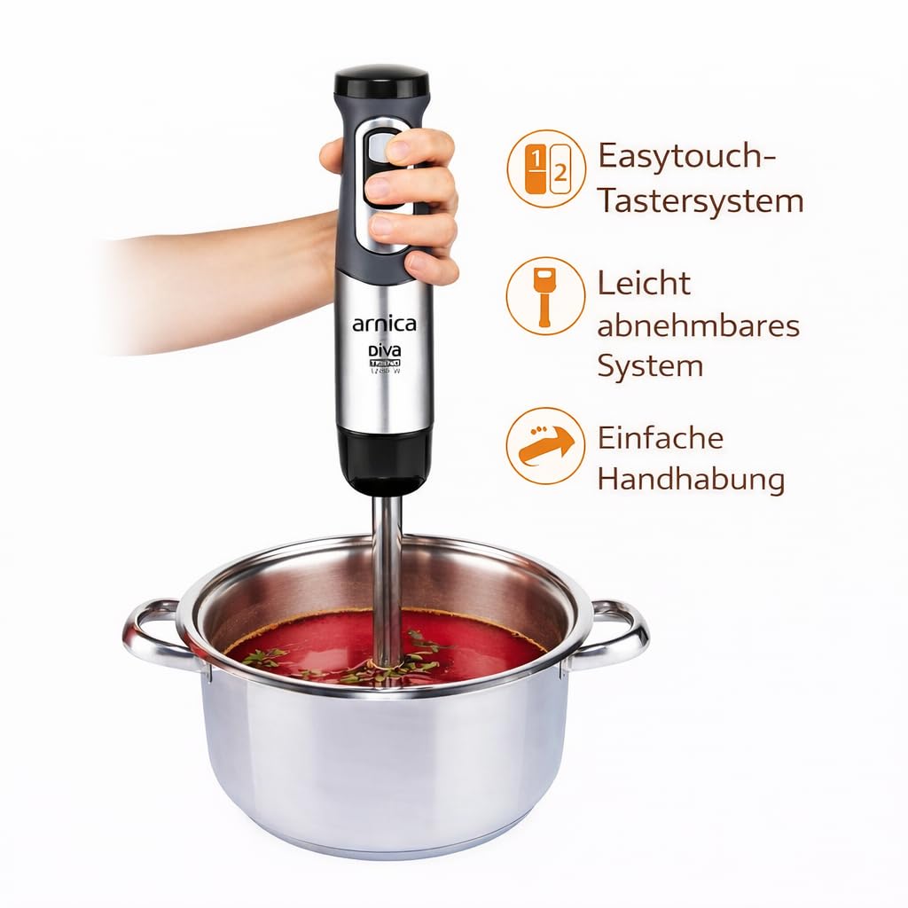 arnica Diva Trend Set Stabmixer - 1200W - Edelstahl Mixstab mit Zerkleinerer Schneebesen - Turbo Funktion – 1.2L Behälter - 600ml Messbecher