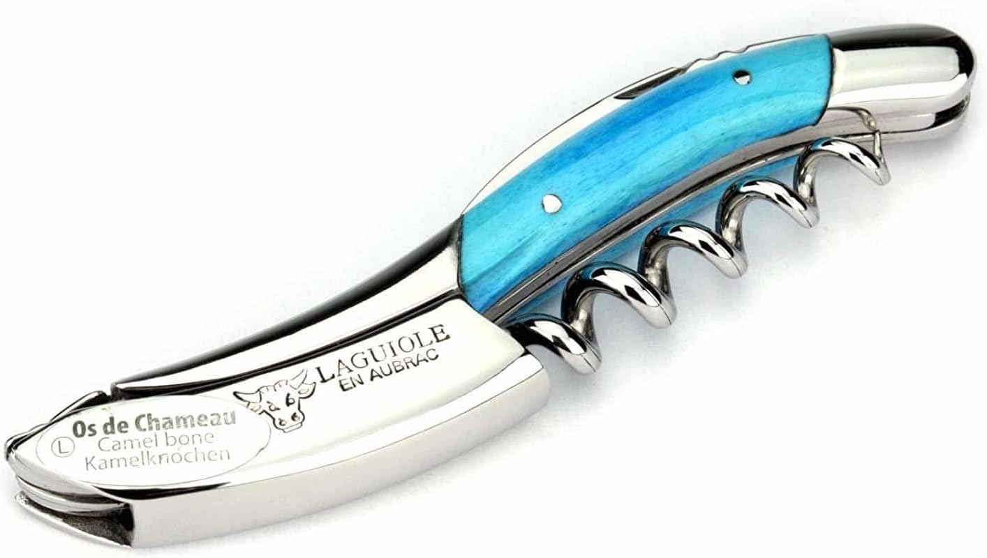 Laguiole En Aubrac Sommelier Waiter's Corkscrew, Light Blue Camel Bone Handle, Wine Opener With Foil Cutter & Bottle Opener