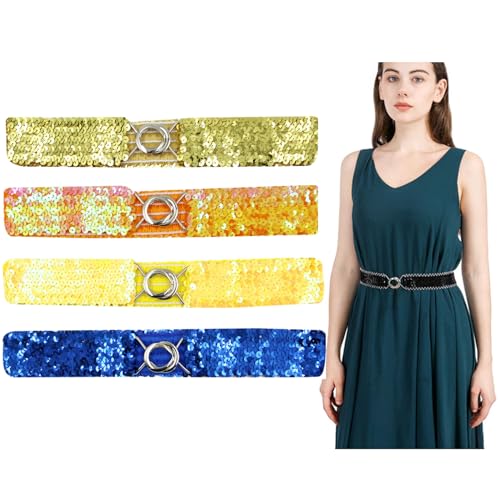 RARITYUS 4 Pack Women Girls Elastic Waist Belt Sparkly Glitter Sequin Decor Metal Buckles Wide Dress Skirts Corset Cinch Belt