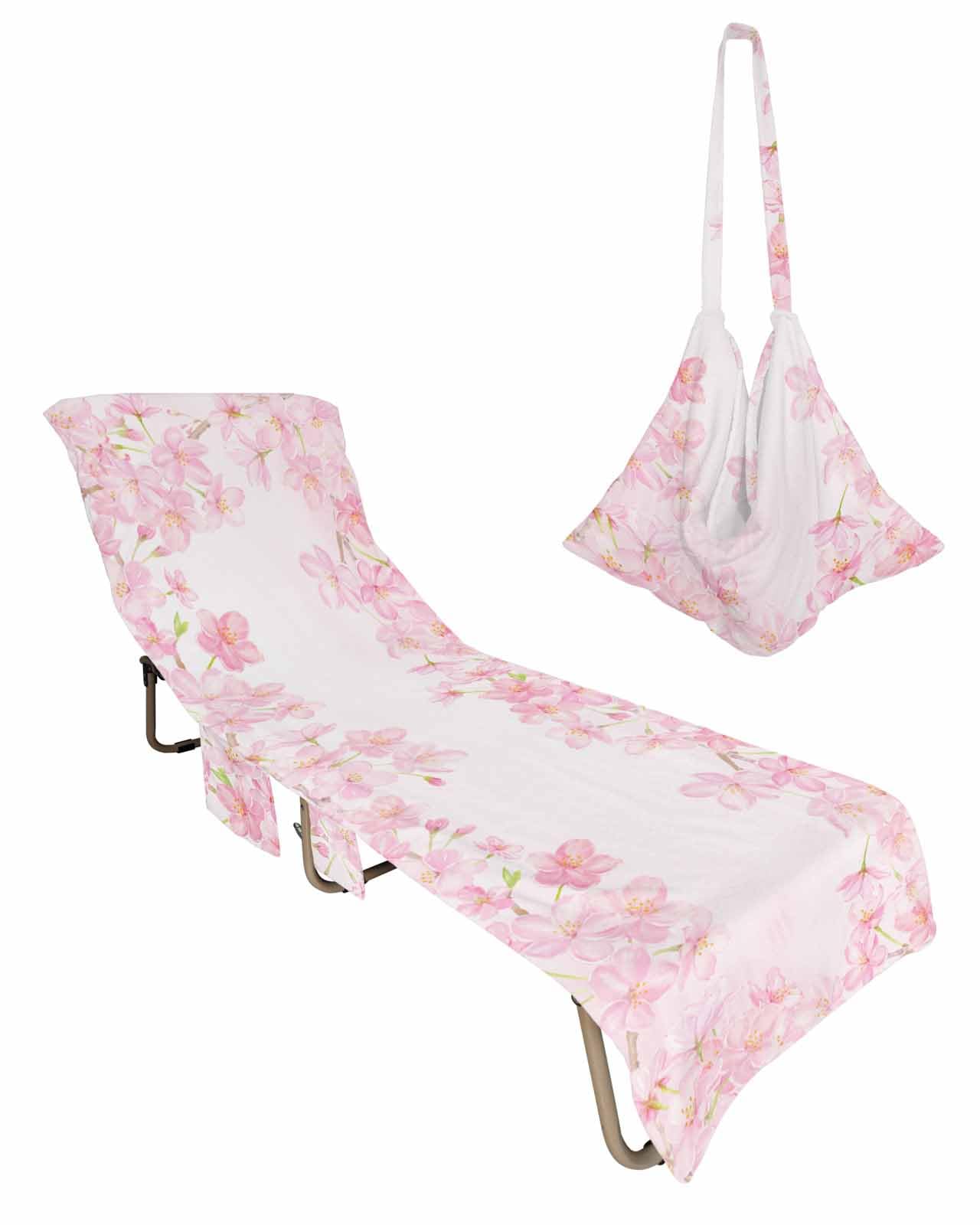 Pink Cherry Blossom Beach Chair Towel Covers for Chaise Lounge with Side Pocket, Soft Plush Pool Towels Cover for Patio Sunbathing Outdoor 29''x85'' Pastoral Floral Botanical Spring Summer