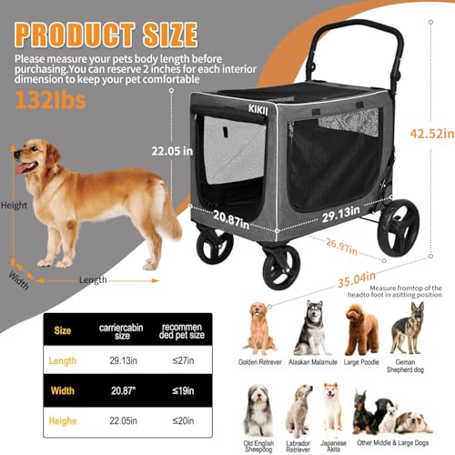 KIKII Extra Large Dog Stroller for Large & Medium Dogs, Adjustable Handlebar and Brakes, 4 Wheels, Reflective, Lightweight Folding, Breathable Mesh, 132 lbs Capacity, for Travel Walking Outdoor — view 3