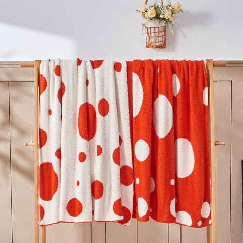 Image of CozeCube Reversible Knit Throw Blanket, Orange Red White Polka Dot, 50 inchx60 inch