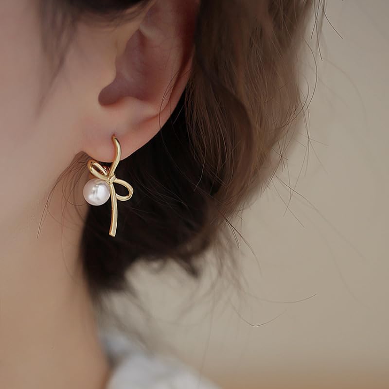 Pearl Bow Earrings for Women Gold Bow Earrings Bow Pearl Stud Earrings Pearl Bowknot Statement Earrings Jewelry Gifts for Women - Image 2