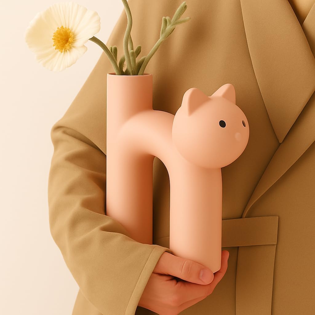 Cat Vase for Flowers, Cute Ceramic Vase Decor for Home, Pink Vase for Shelf Desk Bedroom, Cat Lover Gifts for Women, Cat Mom Gifts, Flower Vase for Dried Flowers, Pampas Grass