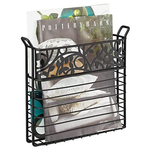 mDesign Decorative Modern Metal Wall Mount Magazine Holder, Organizer - Space Saving Compact Rack for Magazines, Books, Newspapers, Tablets, Laptops in Bathroom, Family Room, Office - Black