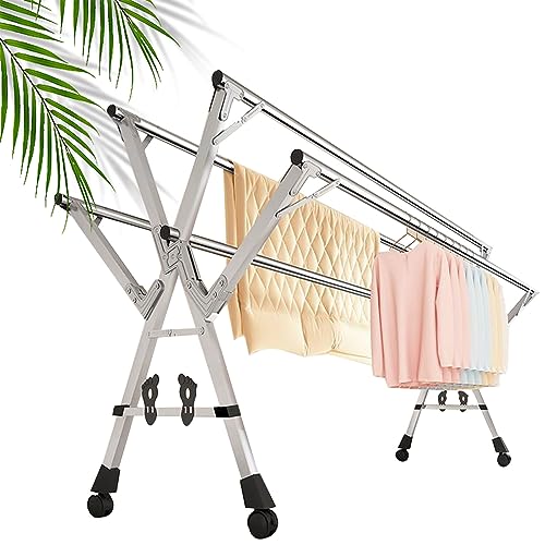 ATYUJKB Stendibiancheria da Balcone per Lenzuola, Appendiabiti da Terra con Ruote con Rotelle, Stendibiancheria Acciaio Inox, Stendino Pieghevole A Forma di X (240cm/95in)