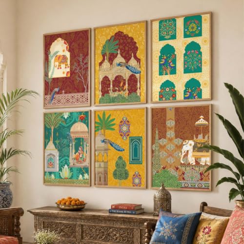 Image of KOTART Decorative Traditional Indian Wall Art Madhubani Paintings for Living Room | Framed Wall Painting for Home Room Bedroom Office Decor | Pichwai Art Painting for Decoration | Poster With frames | Paintings For Home Decoration | Indian Decor Frames | set of 6 (D)