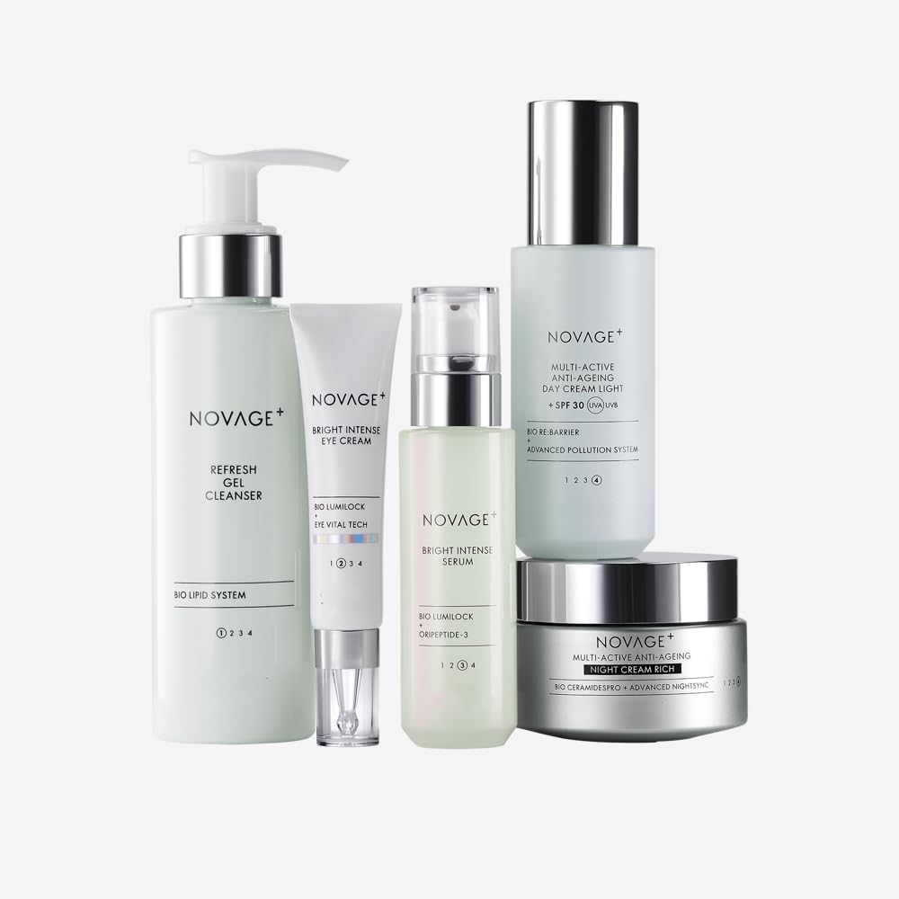 Novage+ Bright Intense Routine Mix 5 Pieces Set | Refresh Gel Cleanser, Eye Cream, Serum Day Cream Light & Night Cream Rich Skin Care Kit | Anti Ageing Face Care for Skin Tone Evening and Brightening-image-7