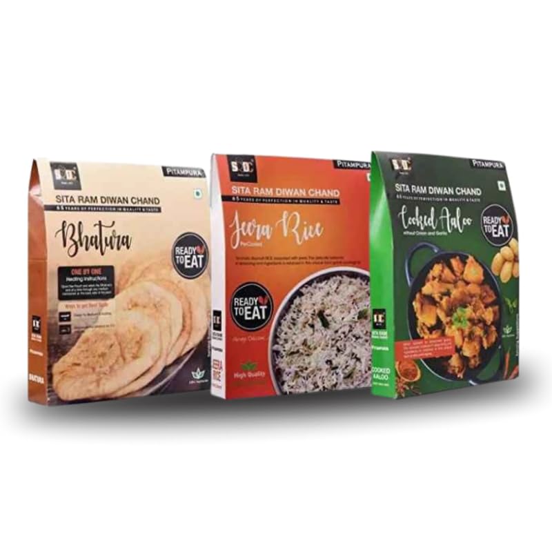 Sita Ram Diwan Chand Ready to Eat Bhatura | Jeera Rice | Cooked Aaloo 300 Gram Each| No Preservatives | No Artificial Flavors | 100% Natural Ingredients & Vegetarian | Tasty Snacks - Pack of 3