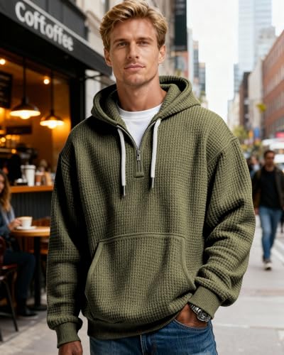 PIDOGYM Men's Quarter Zip Hoodie Waffle Knit Pullover Long Sleeve Casual Loose Fit Sweatshirt Hooded Tops with Pockets - Image 6