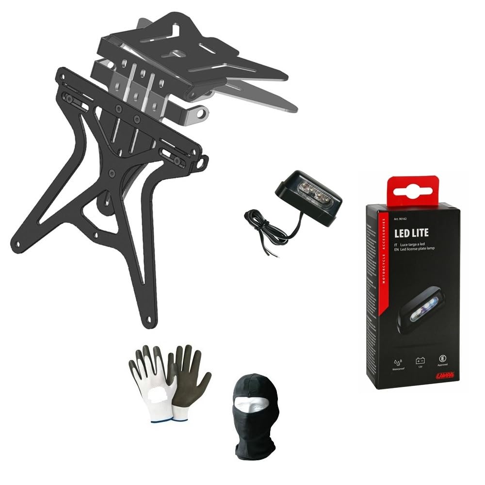 COMPATIBILE CON DUCATI MONSTER 696 PORTATARGA PER MOTO REGOLABILE UNIVERSALE + LUCE TARGA A 4 LED BIANCO TUTTO OMOLOGATO LAMPA NERO OFFERTA KIT MOTO SPORTIVO
