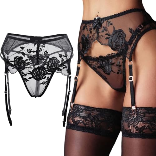 Ensemble porte-jarretelles et string pour femme sexy en dentelle, ensemble de lingerie avec porte-jarretelles transparent, jarretelles avec 4 clips...