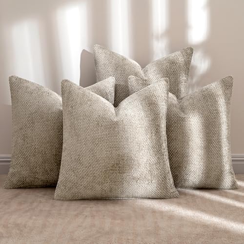Image of MIULEE Pack of 4 Couch Throw Pillow Covers 18x18 Inch Khaki Soft Decorative Chenille Pillow Covers Farmhouse Accent Cushion Covers for Boho Home Decor Sofa Bedroom Living Room