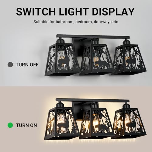 Image of Rustic Bathroom Light Fixtures with Deer Bear,3-Light Metal Shade | Farmhouse rustic style, Deer Bear Design,Openwork Engraved,Wall Light for Bathroom, Hallway, Kitchen, Porch,Study
