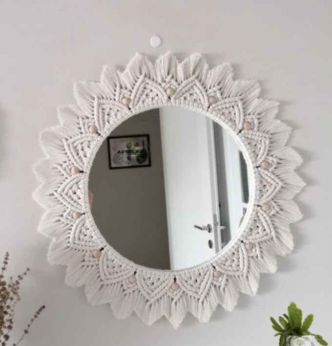 GUL DECOR | Handmade Cotton Macrame Wall Hanging Mirror with Boho Fringes, Bohemian Art Decorative Aina for Make-Up, Dressing, Living Room, Bedroom, Off-White, Dia 18 Inches, Style 23-image-16
