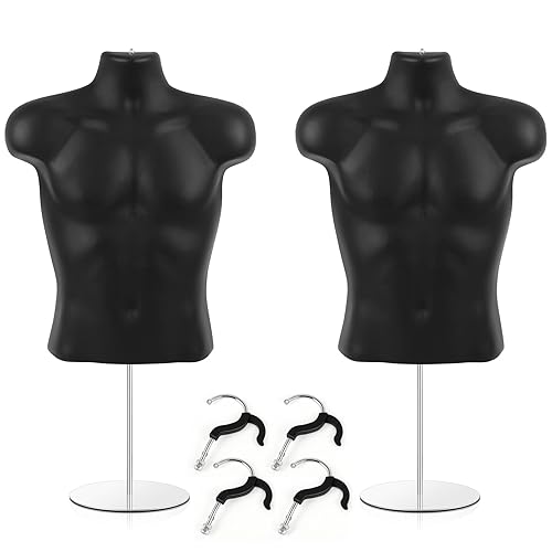 Paquete de 2 maniquíes masculinos con forma de torso para maniquí con soporte y gancho para colgar, maniquí de espalda hueca para mostrador,