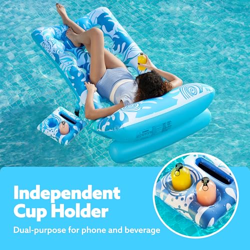 SLOOSH Wasser Pool Luftmatratze für Erwachsene, Aufblasbare Pool-Flöße mit Verstellbarer Rückenlehne und Getränkehaltern, Sonnenbaden-Schwimmflöße, schwimmender Stuhl, Pool, Strand, See-Lounge (Blau)