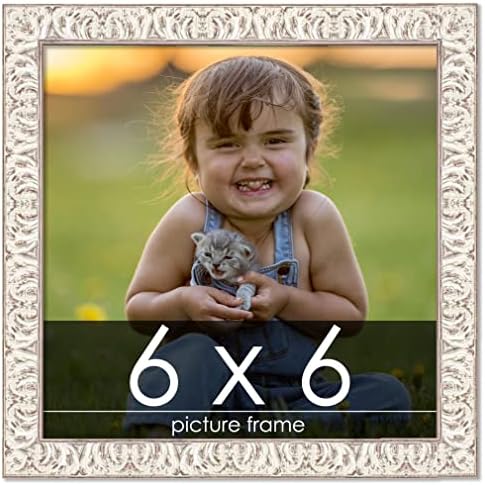 Poster Palooza 6x6 Ornate White Washed Wood Picture Square Frame - Picture Frame Includes UV Acrylic, Foam Board Backing, & Hanging Hardware!