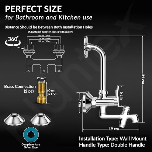 Image of Plantex Pure Brass 3-in-1 Wall Mixer with L-Bend Provision for Overhead and Hand Shower /Bathroom Mixer Tap with Brass Wall Flange & Teflon Tape /Wall Mixer for Bathroom - (Star, Chrome)