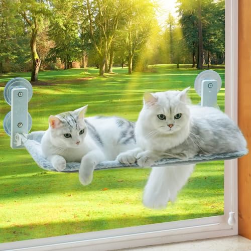MEWOOFUN Plegable Hamaca Gato Ventana | Cama Gatos con Ventosa Fuerte Alfombra Reversible | Cama para Gatos | Soportar hasta 18kg (Grey L-58x30x20cm)