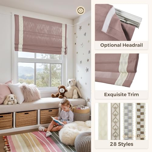 Image of TWOPAGES Isabella No Drill Cordless Roman Shade Linen Textured Cotton Roman Blind for Windows, Custom Made Room Darkening Blackout Roman Window Shade, Hardware Included, Coral Red, 1 Piece