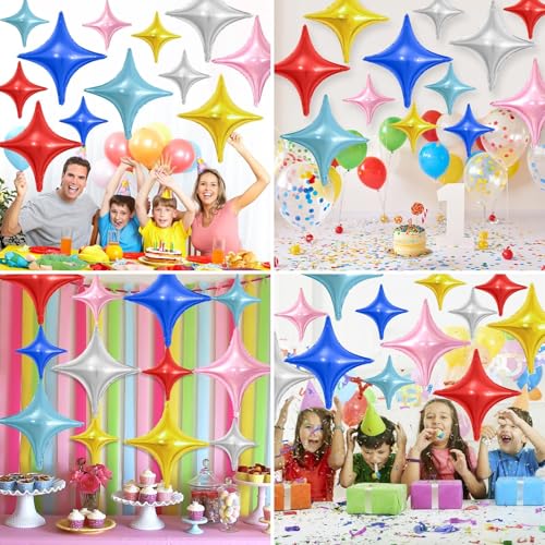 Image of Colorful Star Balloons,12Pcs Four Angle Star Foil Balloons | 26Inch and 10Inch Colorful Quadrangle Star Helium Balloon for Birthday Baby Shower Wedding Party Decorations