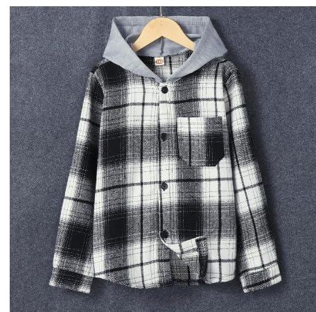EnJoCho Boys' Plaid Shirt Fashion Boys' Casual Warm Shirt Korean Plaid Hooded Coat Shirt Windbreaker Jackets for2