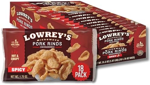 Lowrey's Bacon Curls Microwave Pork Rinds (Chicharrones), Hot & Spicy, 1.75 Ounce (Pack of 18)
