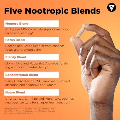 Image of Vital Vitamins Nootropic Brain Supplement Plus - for Memory, Focus, Concentration, Neuro Energy, Clarity - with Lion's Mane Mushrooms - 60 Capsules (Pack of 3)
