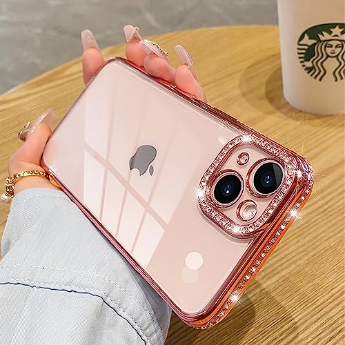 Image of Phone Case for iPhone 13 Pro Max Case with Sparkle Diamond Rhinestone Glitter Camera Len Protector,Crystal Bling Clear Cute Plating Phone Case Shockproof for iPhone 13 Pro Max 6.7''-Rose Gold