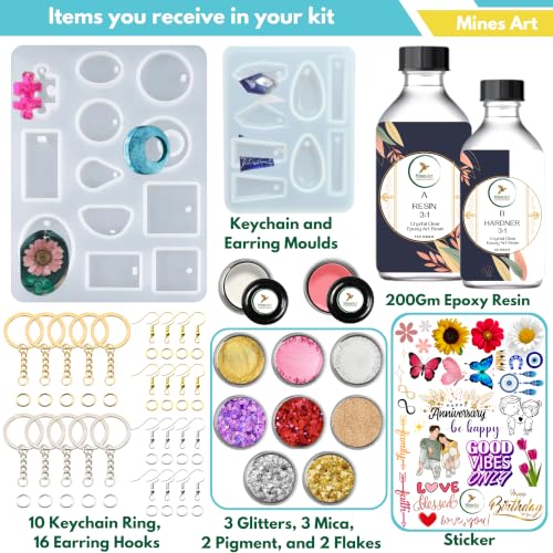 Image of Mines Art Resin Art Kit with Moulds - Complete Resin Jewellery Making Kit for Keychains & Earrings - 200g 3:1 Epoxy Resin, 3 Glitter Colors, 3 Mica, 2 Pigments, Gold & Silver Flakes & More - (MRA - 123)