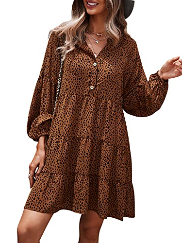 TEMOFON Langärmeliges Damenkleid: Leopardenmuster, Tunika, lässig, lockerer V-Ausschnitt, fallendes Mini-Kleid, S-XL, 4045 - Braun, Klein