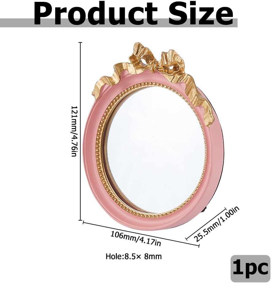 Small Vintage Desk Mirror Round Portable Bow Mirror 4.8x4.2 Inch Pink Resin Bow Round Tabletop Mirrors for Women Make up Dressing Bedroom Table Decoration image 2