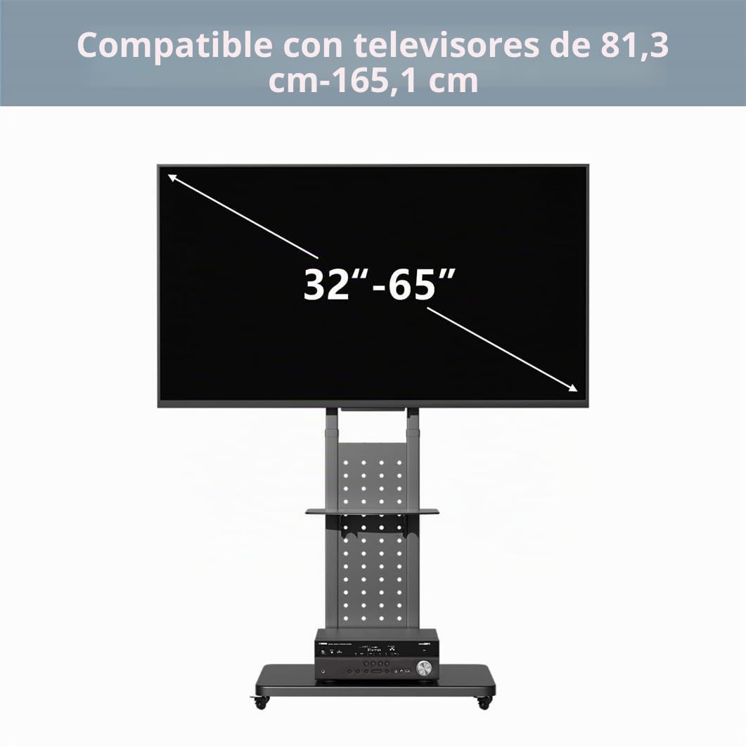 UNHO Soporte TV Ruedas 32-65 Pulgadas, Ajuste Horizontal y Vertical de 90° | Soporte TV Pie para LED LCD con 2 Estantes, Altura Ajustable, Carga 50kg, VESA 600x400 mm, para Salón, Oficinas y Ferias