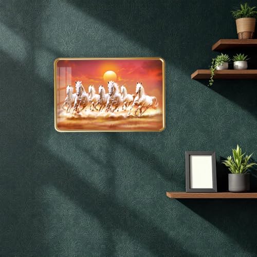Image of Dharvika Innovations 7 Running Horses Photo Frame, Ultra High Gloss Lamination, Vastu Painting for Living Room, Office, 12x18 Inch (Design 4)