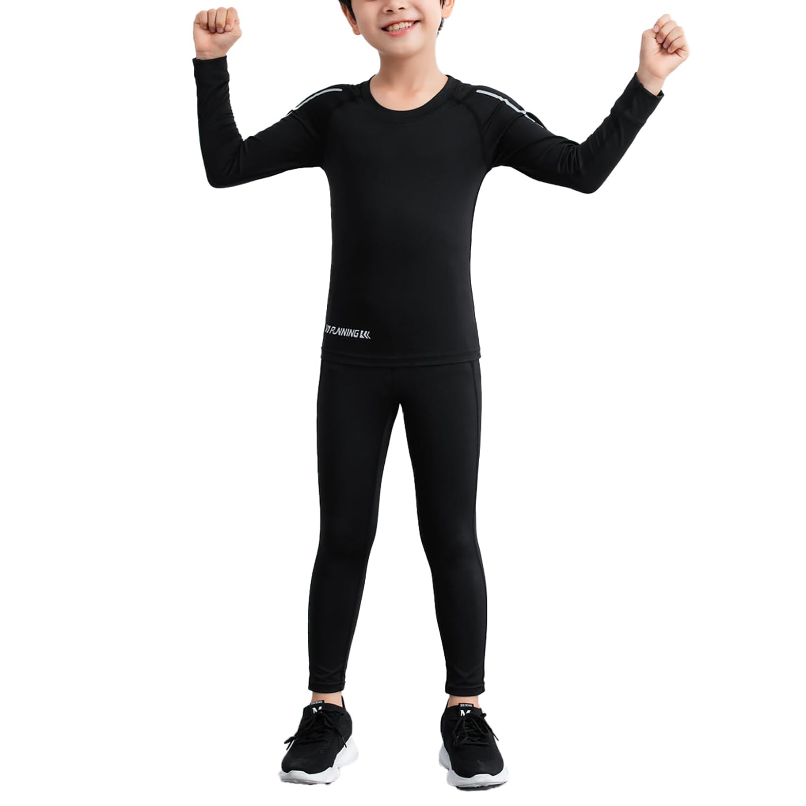 Mufeng Kids Boys Long Sleeve Athletic Base Layer Compression Shirts and Basketball Soccer Leggings Thermal Underwear Set Black 9-10 Years