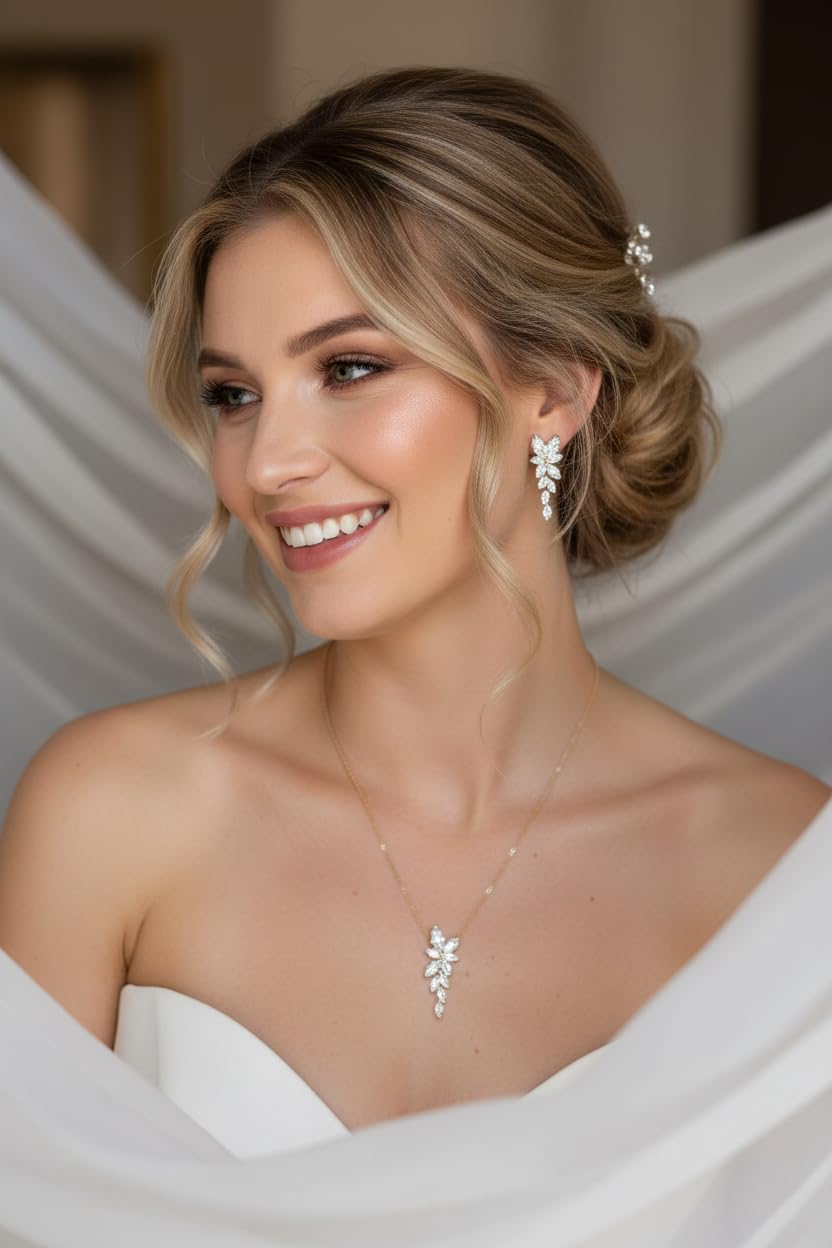 Set di gioielli da sposa oro con zirconi, collana e orecchini da donna, elegante set di gioielli con zirconi scintillanti, matrimonio, ufficio residenziale, sposa, fidanzamento