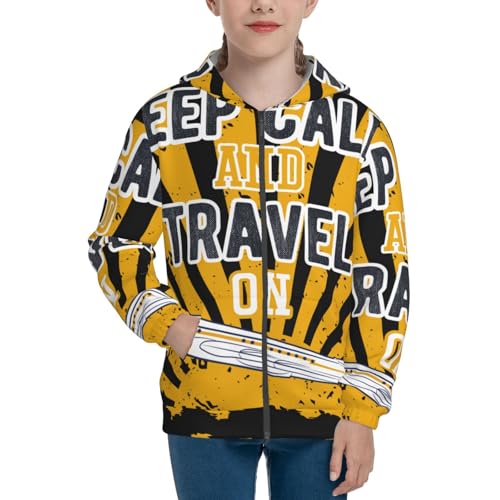 Keep Calm and Travel On Kids Pullover Hoodies Boys Zip Up Sweatshirts Girls Athletic Clothes with Pocket3