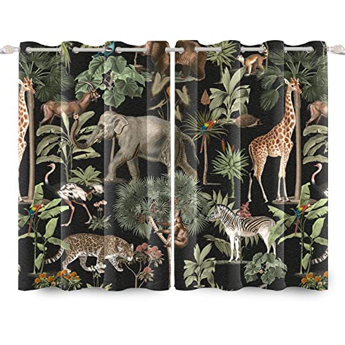 YongFoto 117x183cm Monde Animal Rideaux Occultants Jungle Monde De La Faune Éléphant Girafe Sauvage Safari Vert Forêt pour Rideaux Fenêtre de Chambre à Coucher, 2 Panneaux avec Trous Cover