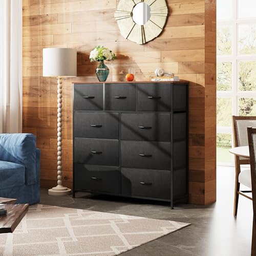Image of WLIVE 9 Drawer Dresser, Fabric Storage Tower for Bedroom, Hallway, Closet, Tall Chest Organizer Unit for Bedroom with Fabric Bins, Steel Frame, Wood Top, Easy Pull Handle, Black and Rustic Brown