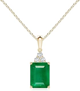 Angara Natural Emerald-Cut Emerald Pendant/Necklace with Diamond Trio in Sterling Silver/14K Solid Gold/Platinum for Women...