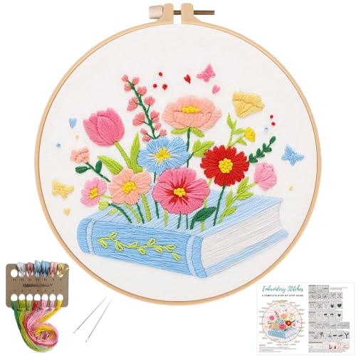 Image of Louise Maelys Floral & Book Embroidery Kit for Beginners DIY Craft Kit | Complete Needlepoint Kit with Embroidery Hoop, Printed Fabric, Color Threads, Needles and Instruction for Easy Hand Stitching