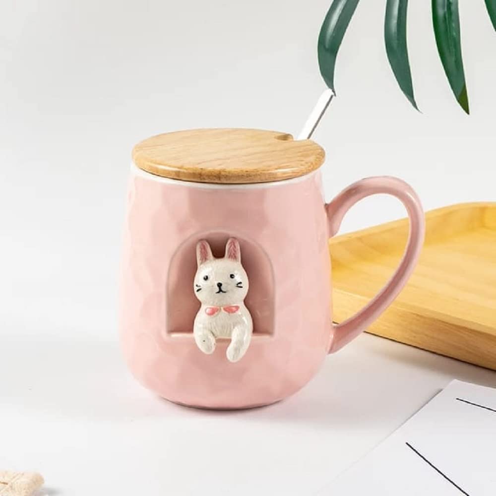 FunBlast Ceramic Cup – Animal Coffee Mug, Tea, Juice Drinking Ceramics Mug Stylish Mug with Lid / Milk Drinking Mug for Boys and Girls, 3D Cup, Mug for Gifting (430 ML) (Pink)