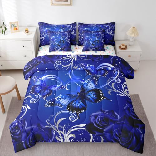 Image of Feelyou Cute Butterfly Comforter Set Twin Size 7 Pieces 3D Butterflies Bedding Set Kids Boys Girls Galaxy Dreamy Bed in a Bag with Comforter, Sheets, Pillowcases, Cushion Covers Glitter Rose Floral