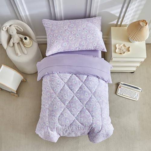 Image of JHXHMX Floral Toddler Bedding Set for Girls,4 Piece Bed-in-a-Bag Toddler Comforter Set,Soft Crib Bed Set Including Comforter,Flat Sheet,Fitted Sheet and Pillowcase-Purple